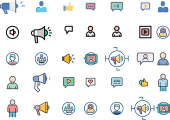 Colorful Communication and Marketing Icons. Media, Chat, Promotion, Speaker Pack