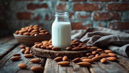 Healthy almond milk in a brick bottle with almonds and fruits in the background