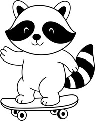 Cute raccoon character skating on skateboard, expressing joy and playfulness