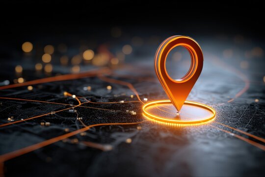 Glowing orange map pin on digital map.
