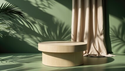 Product showcase featuring a wooden cylindrical pedestal on a green backdrop with beige curtain and palm leaf shadow, perfect for eco-friendly marketing display.