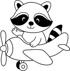 Cute raccoon character flying airplane, expressing joy and adventure