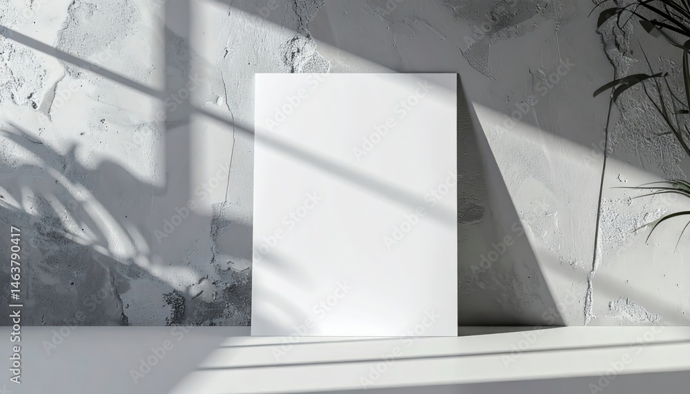 Poster a minimalist scene featuring a blank canvas, illuminated by soft sunlight, against a textured wall w