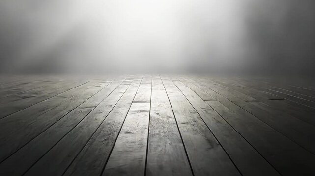 Misty, dimly lit wooden floor; perspective view
