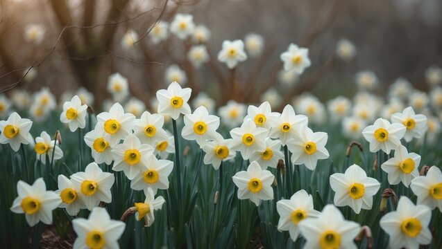 Springtime scene with numerous white daffodils in a natural landscape.