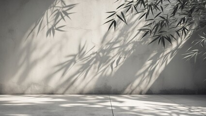 Light-Illuminated Bamboo Leaves Shadow on Concrete Wall Texture, Zen Garden Black and White Minimalist Backdrop