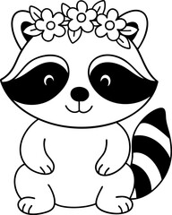 Cute raccoon with flowers on its head, smiling joyfully and radiating charm