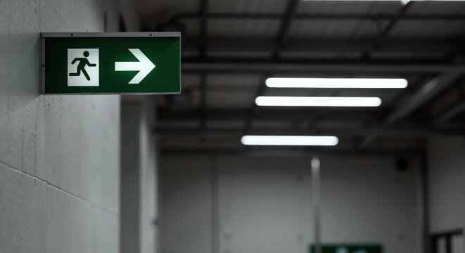 Emergency exit sign with directional arrow in industrial building. Green illuminated safety indicator on white wall. Evacuation route and fire safety concept. Workplace regulations. Horizontal banner