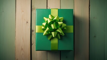 Festive green present box with bow on wooden surface, overhead shot with space for design