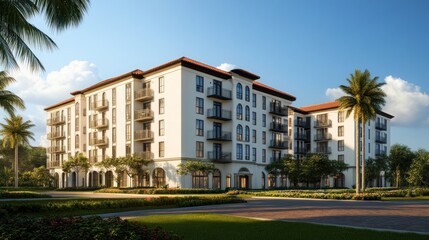 Modern apartment building exterior, lush landscaping