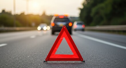 Red warning triangle on asphalt road with blurred vehicles in background.