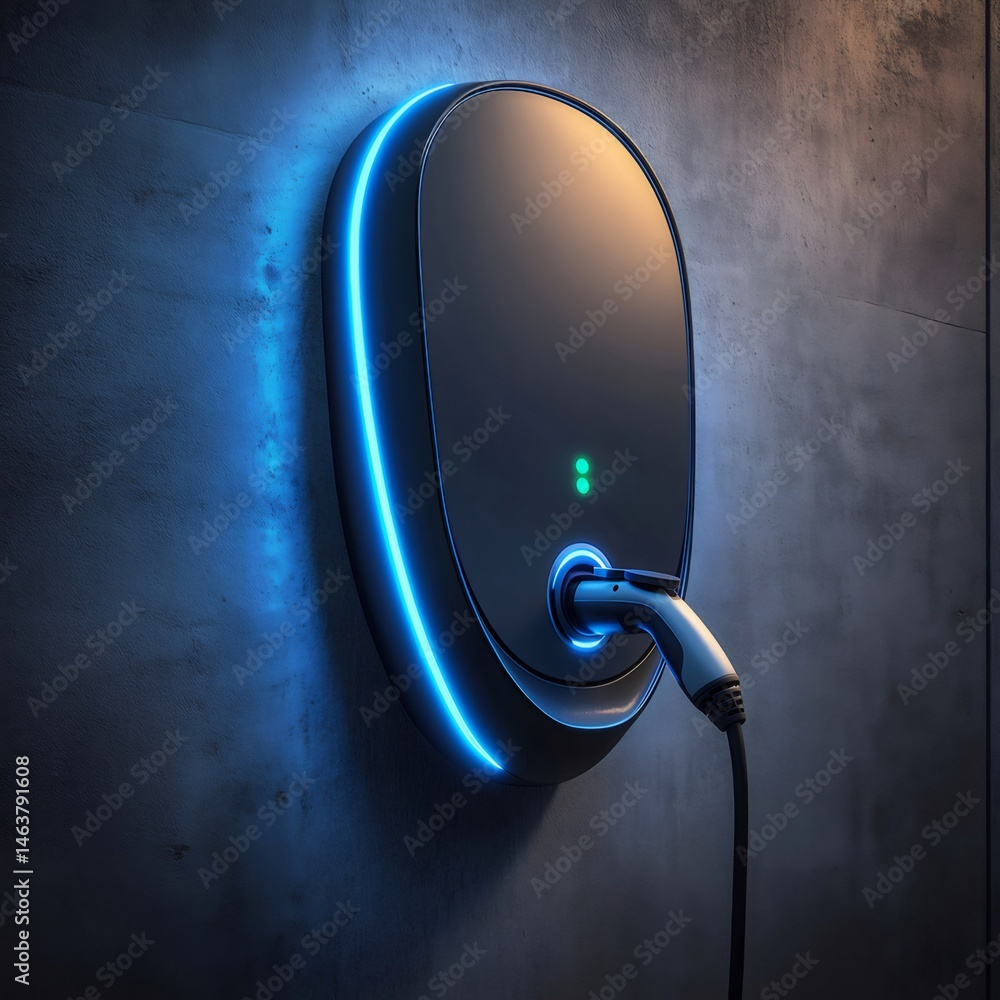 Poster 青い光を放つ電気自動車充電器がコンクリート壁に取り付けられた技術革新の未来