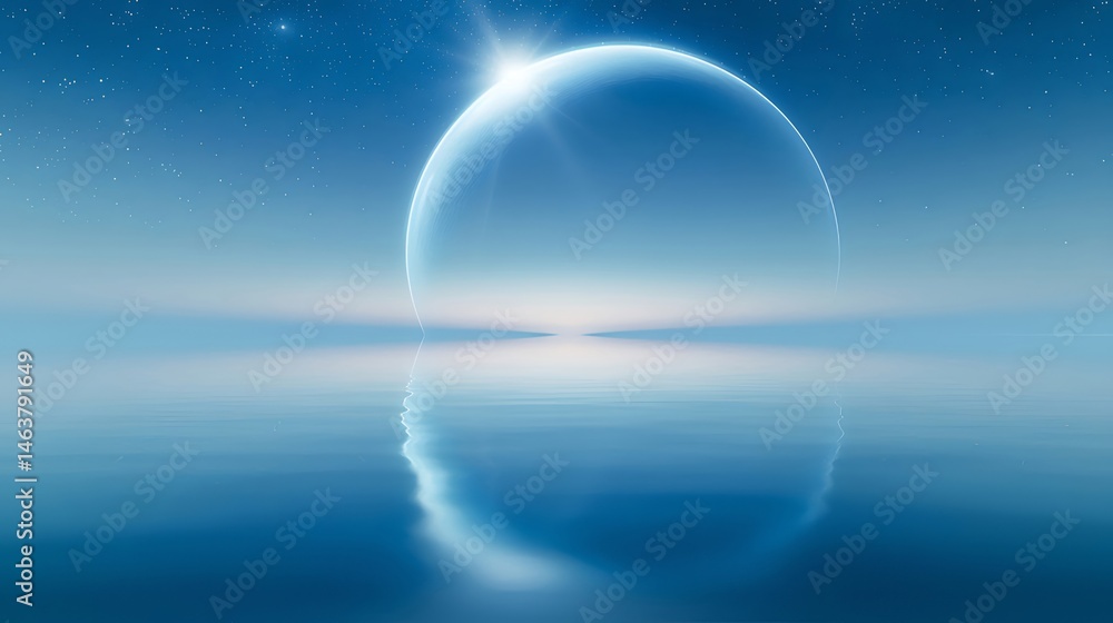 Poster 星が輝く水面の上の光る球体 青と白の抽象的な宇宙空間 未来的なファンタジー風景