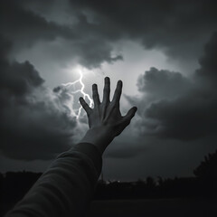 Monochrome Photo Of Hand Reaching For The Sky With Lightning Illustration