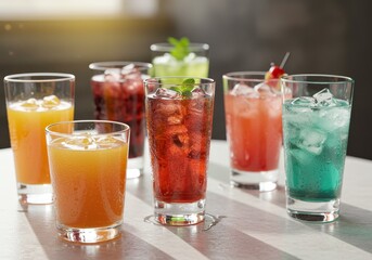 Assorted Colorful Cocktails with Ice and Garnish on Table Indoors