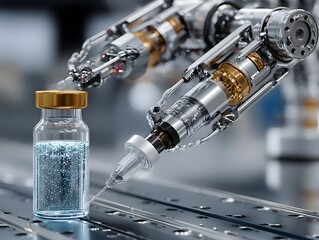 A robotic arm precisely fills a vial with a clear liquid vaccine in a sterile automated pharmaceutical production facility.