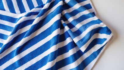 White background with folded blue striped beach towel