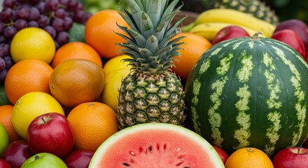 Assorted Fresh Fruits Watermelon Pineapple Grapes Oranges and Apples