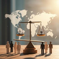 Global justice concept with diverse figures and balanced scales on world map
