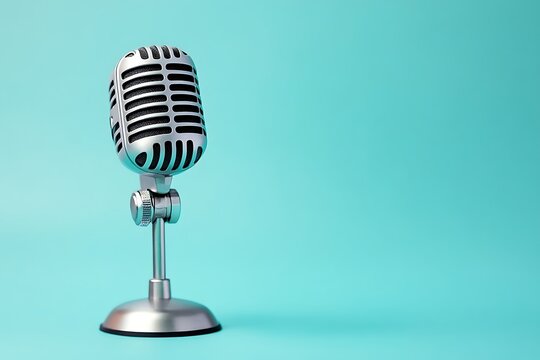 Retro microphone on stand against a light blue background.