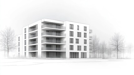 Modern apartment building architectural sketch monochromatic design