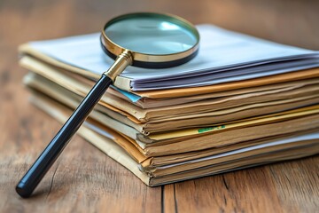 Stack of job applications with folders and magnifying glass.