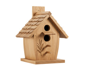 Isolated Charming Wooden Birdhouse with Two Holes and Leaf Detail