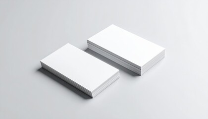 Minimalist white business cards stacked on a smooth surface, showcasing simplicity and elegance in design