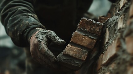 Fototapeta premium Construction Worker Laying Bricks