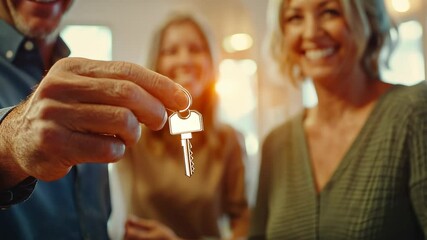 Excited couple receives keys to their new home symbolizing homeownership