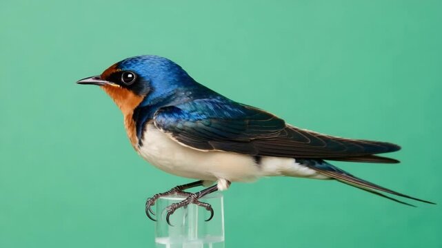 Close up of a barn swallow with blue head and orange chest perched against a green background green screen video
