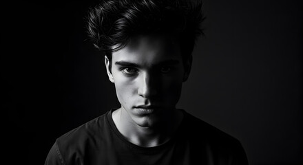 Fototapeta premium Monochrome Portrait Of A Serious Young Man Against Black Background