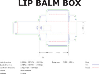 Detailed diagram of a lip balm box packaging design with dimensions and cutting guides
