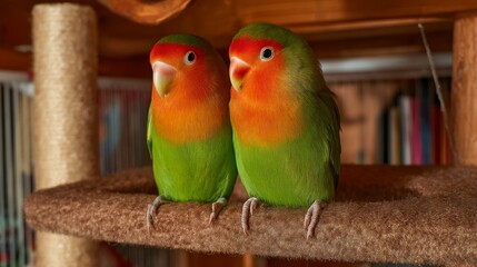 Naklejka premium Two Colorful Lovebirds Sitting Together on a Perch in a Cozy Indoor Environment with Vibrant Feathers
