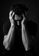 Monochrome Portrait of Man Showing Depression Touching Head in Studio