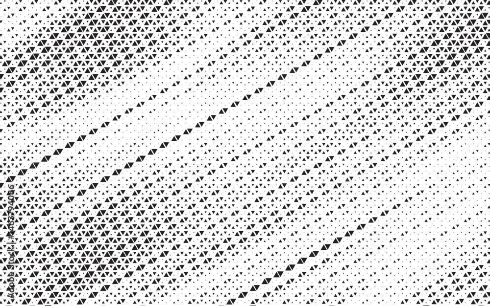 Aufkleber Triangular halftone texture retro wave vector. Geometric technology abstract diagonal dotted background. Half tone triangles retro comic pattern. Minimal 80s style dynamic tech structure wallpaper.