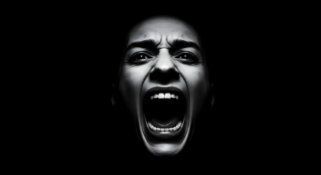 Monochrome Portrait Of Screaming Woman Isolated Black Background Illustration - Powered by Adobe