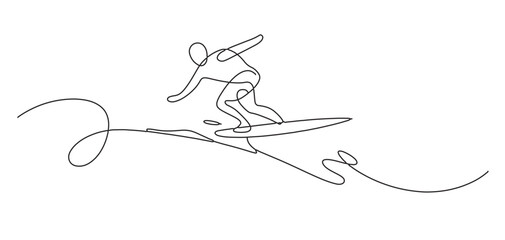 Continuous Line Drawing Surfer Riding Ocean Wave