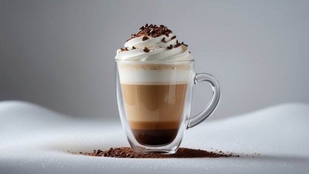 Glass cup filled with coffee latte on a white surface