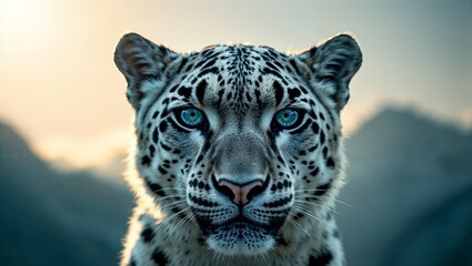 A snow leopard, soft silver fur, piercing icy blue eyes, shadowy mountain background with soft moonlight highlights