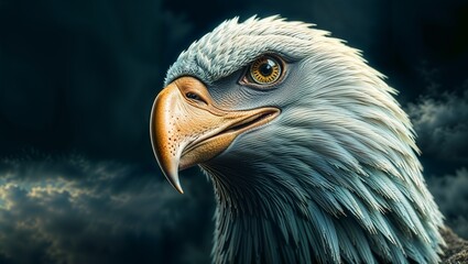 A fierce bald eagle, sharp beak and intense yellow eyes, dark stormy sky in the background