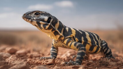 Beautiful close-up of a striped lizard basking on rocky terrain under a clear blue sky in a natural desert environment