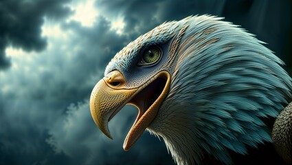 A fierce bald eagle, sharp beak and intense yellow eyes
