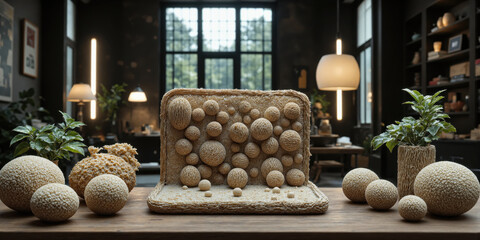 Mycelium Material Revolution Sustainable packaging and products grown from mycelium create an elegant product display with compelling organic texture. Macro