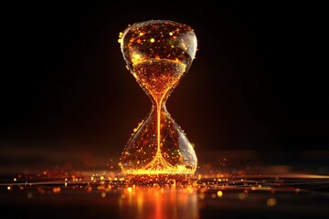 Glowing hourglass with digital particles on black background.