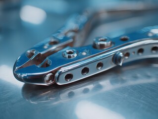 A close-up shot reveals intricate details of a gleaming surgical instrument resting on a polished metallic surface.
