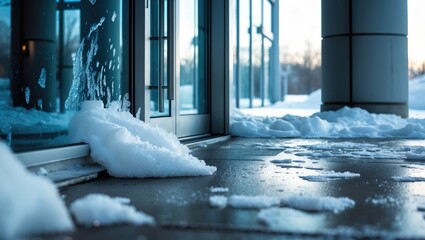 Office building door exterior during cold season with melting snow and slippery surface