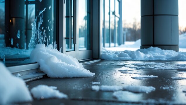 Office building door exterior during cold season with melting snow and slippery surface