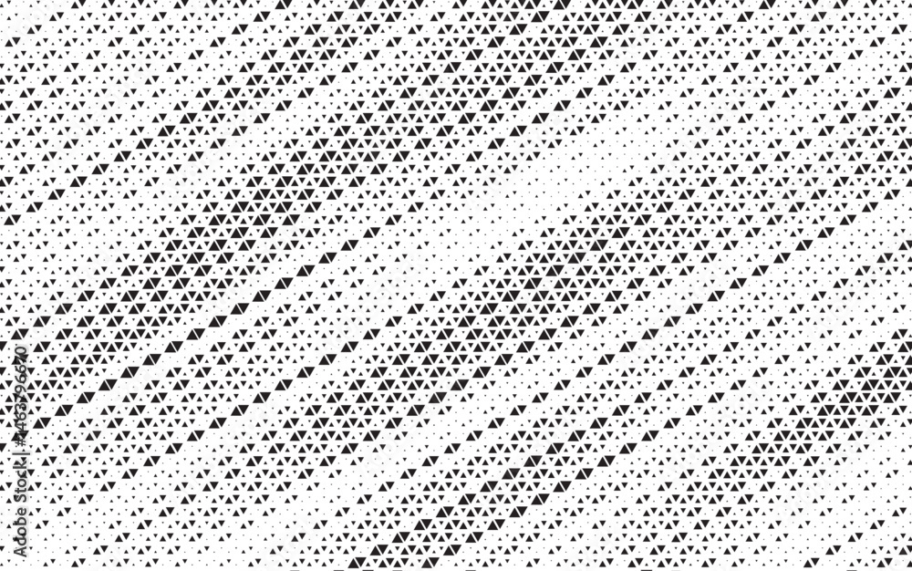 Fototapete Triangular halftone texture retro wave vector. Geometric technology abstract diagonal dotted background. Half tone triangles retro comic pattern. Minimal 80s style dynamic tech structure wallpaper.	
