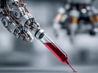 A robotic arm precisely injects a red liquid sample into a vial du a futuristic medical experiment.